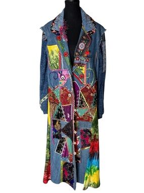 AMBER STUDIOS One Of A Kind Denim Jean Maxi Coat Duster Art To Wear Boho Large